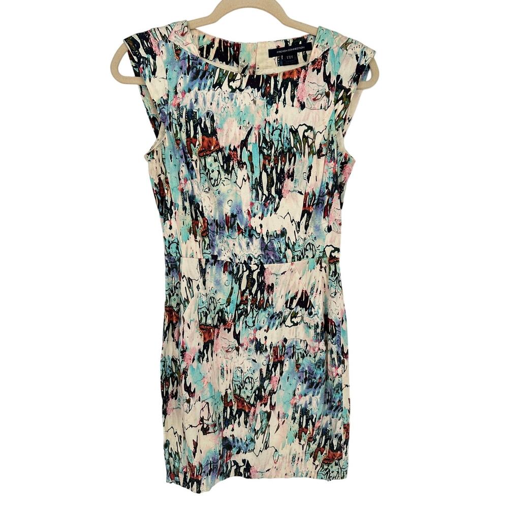 French Connection Abstract Sheath Dress Cream Pink Blue Party Cocktail Size 4